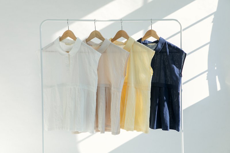 French Collar Dancing Cotton Short Sleeve Shirt - Moonlight/Wind Suzuki - Women's Tops - Cotton & Hemp Blue