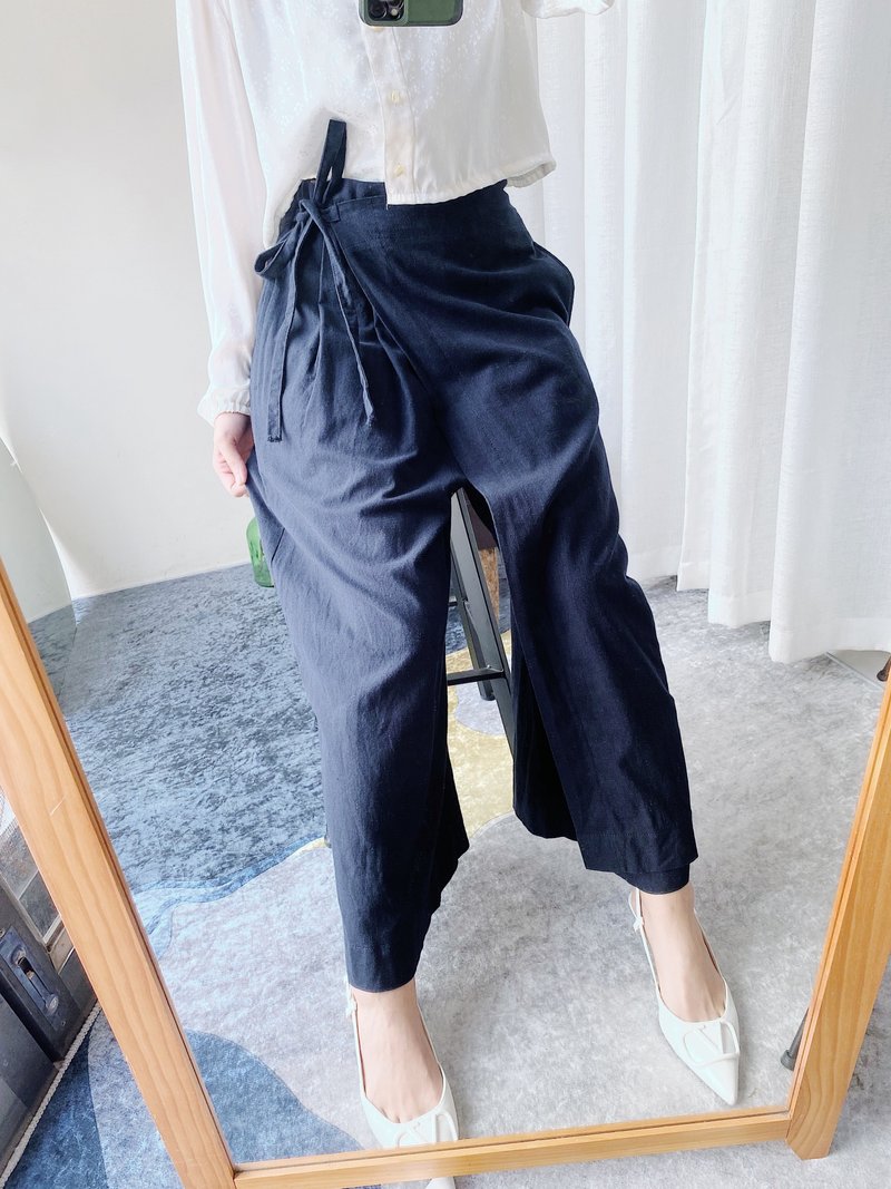 マリンブルー無地サイドストラップデザインヴィンテージ薄手コットンリネンパンツワイドパンツパンツヴィンテージ - パンツ レディース - コットン・麻 ブルー