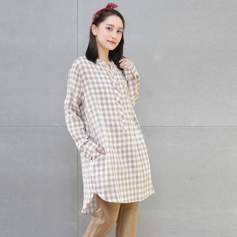 Autumn ∣Classic Embroidered Plaid Dress (Brown) - One Piece Dresses - Cotton & Hemp Khaki
