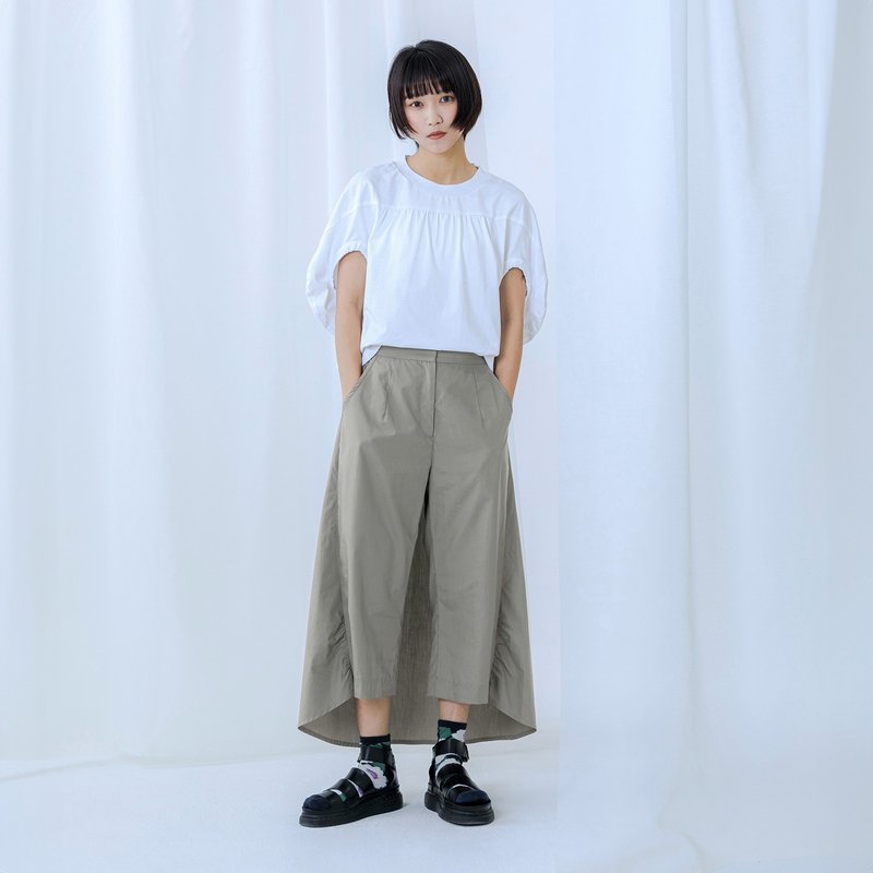 背後裙片七分褲 - 女長褲 - 棉．麻 灰色