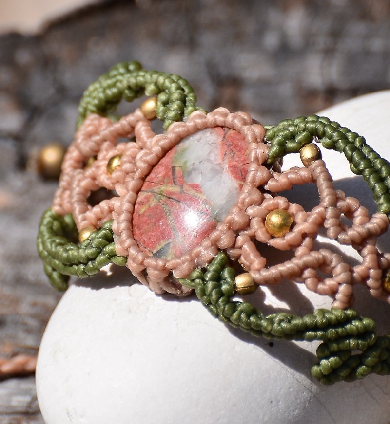 Natural Stone Unakite Jasper Macrame Bracelet - Bracelets - Gemstone Green