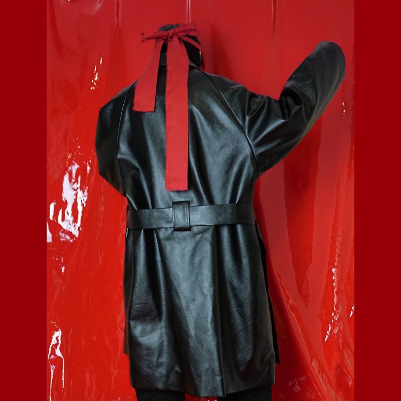 オリジナルスプリングルーズロングクラシックホワイトPUレザーカジュアルタイコートジャケット - ブレザー・コート - その他の素材 ブラック