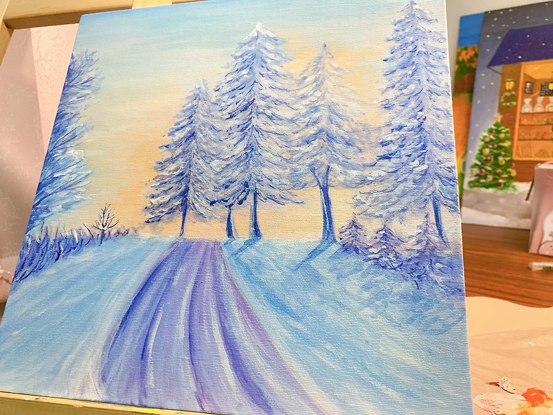 装飾画 100% 純粋な手描きの模造油絵アクリル画雪の朝の光の家の装飾フレームレス絵画 - 置物 - アクリル ブルー