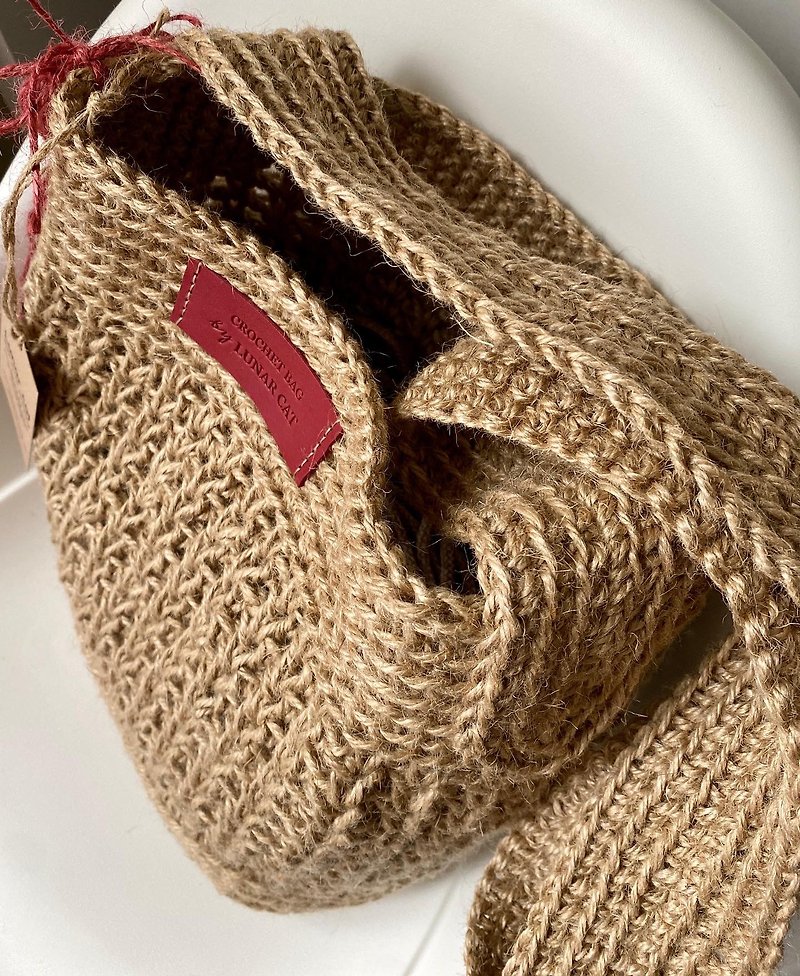 วัสดุอีโค กระเป๋าถือ สีนำ้ตาล - Crochet Jute Bag L size, Crossbody Bag, Crochet Shoulder Jute Bag, Reusable Bag