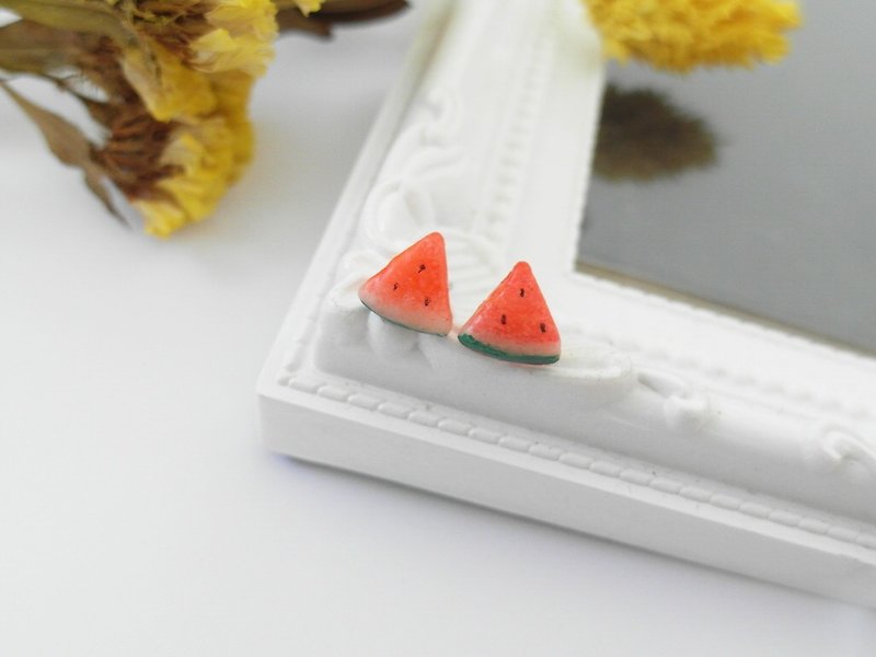 Hand simulation clay red meat watermelon earrings stainless steel ear needles - ต่างหู - ดินเหนียว สีแดง