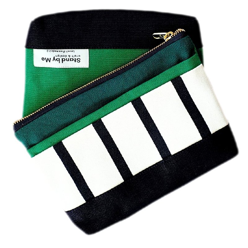 手拿包 Canvas pouch Lovely bag Dark green color strip design YKK zipper 化妝包/收納袋 - Clutch Bags - Cotton & Hemp 