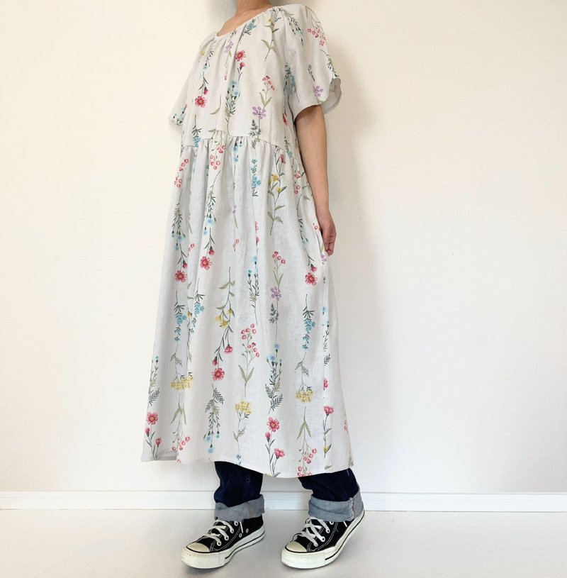 Linen short sleeve dress　Floral　cotton linen　With pocket　Light gray - One Piece Dresses - Cotton & Hemp Gray