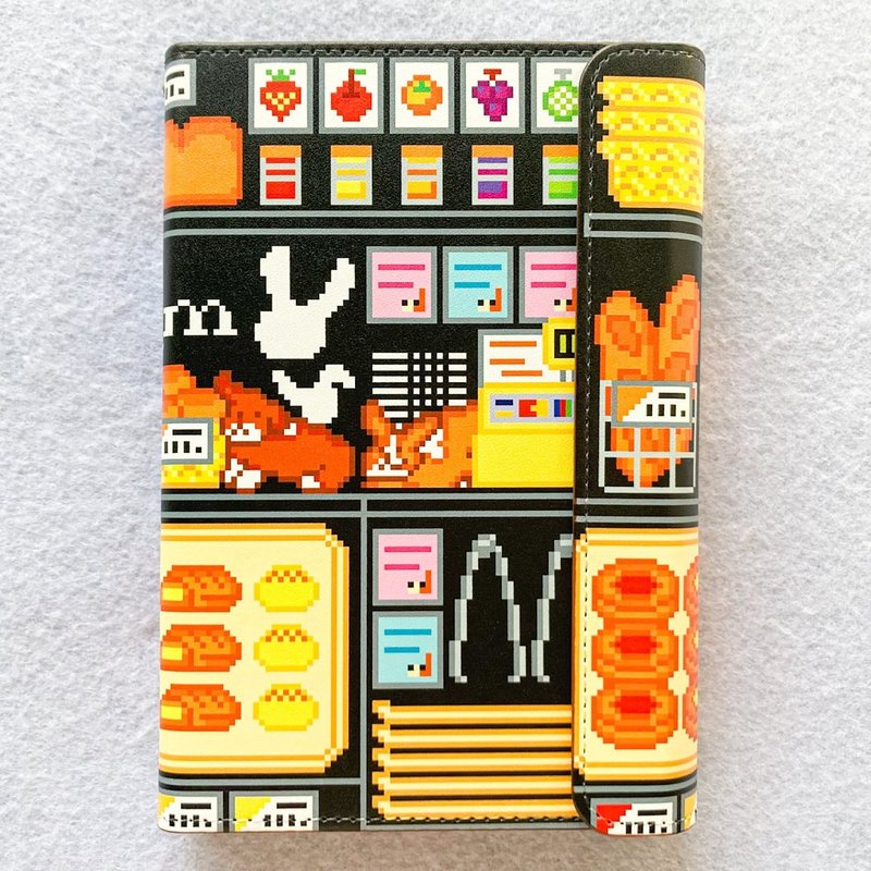 システム手帳 ミニ6 ジャニスとアンちゃん、ミルミル パン屋さん コーギー シャム猫 犬 ベーカリー ポケットサイズ ドット絵 - ノート・手帳 - 合皮 ブラック