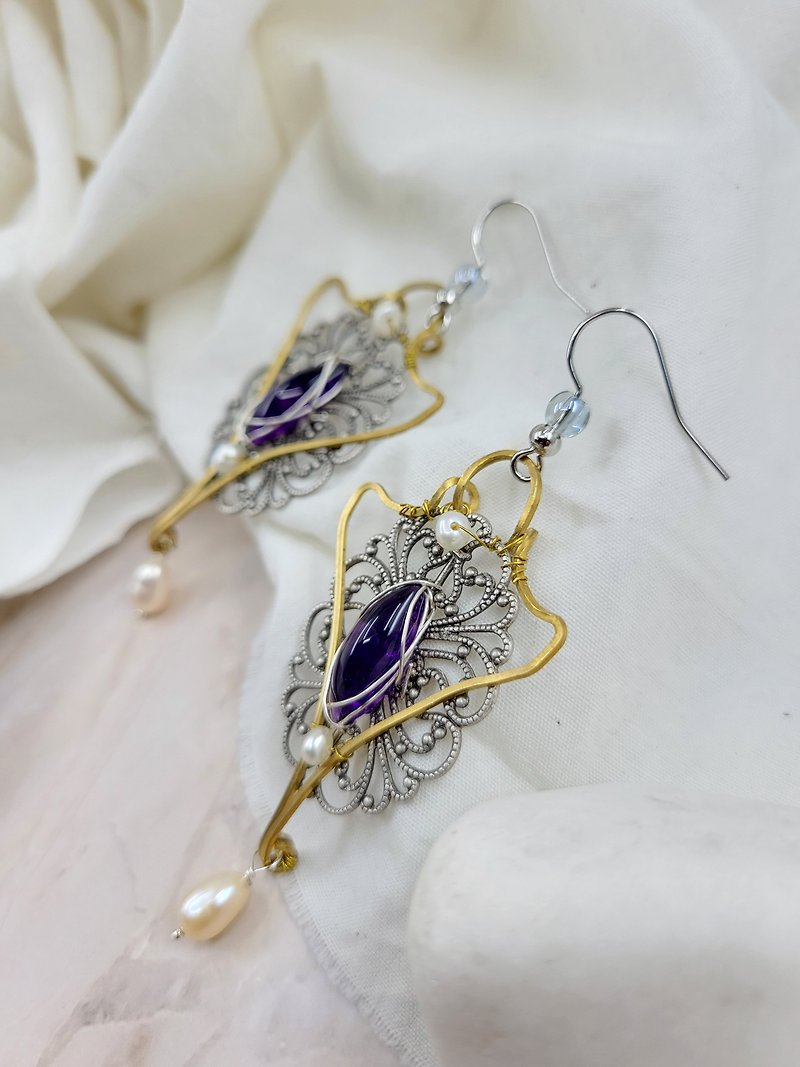 Medieval Amethyst and Pearl Silver Earrings - Earrings & Clip-ons - Crystal 