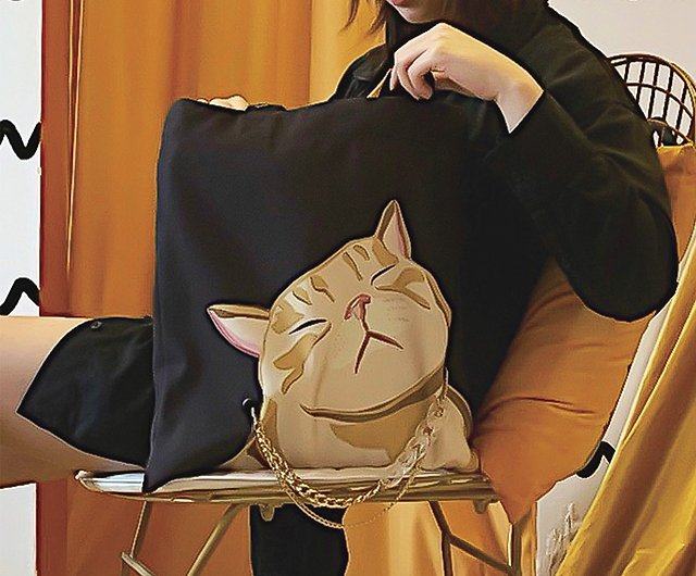 猫 両面イラスト キャンバスバッグ 黒-太いオレンジ色の猫 (バッグ