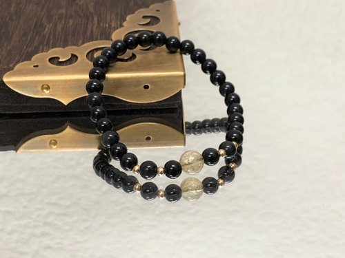 淳玉晶品坊 快速出貨 天然金黃髮晶+彩虹黑曜岩手鍊