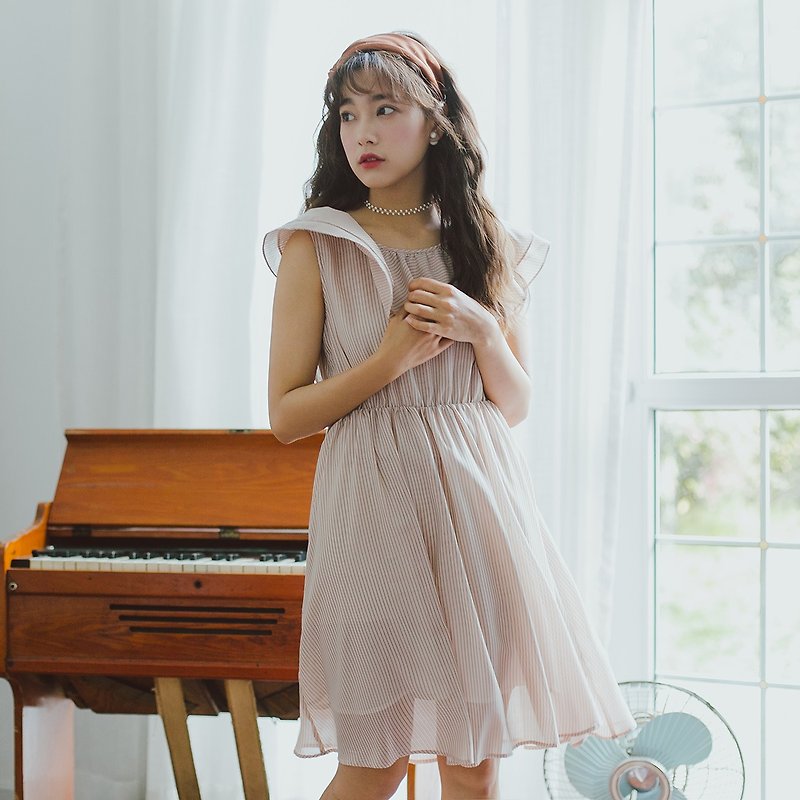 安妮陳連衣裙夏裝新款荷葉領條紋連身裙 - 連身裙 - 聚酯纖維 粉紅色