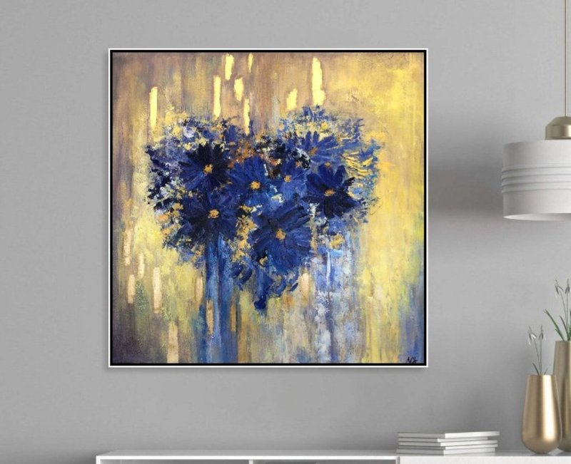 Blue And Gold Painting Abstract Flower Paintings On Canvas Original Modern - ตกแต่งผนัง - อะคริลิค หลากหลายสี