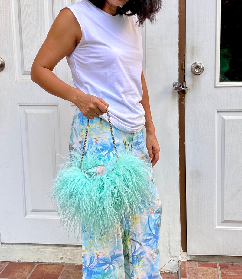 Arin Mint Green Ostrich Feathers Purse - 手提包/手提袋 - 羽絨 綠色