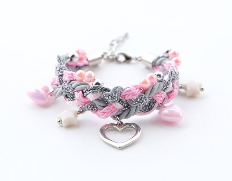 Pink gray braided bracelet with heart and pastel charms - Bracelets - Other Materials Pink