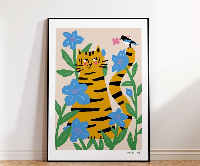 アートプリント/韓国の幸運の虎とカササギ/イラストポスターA3