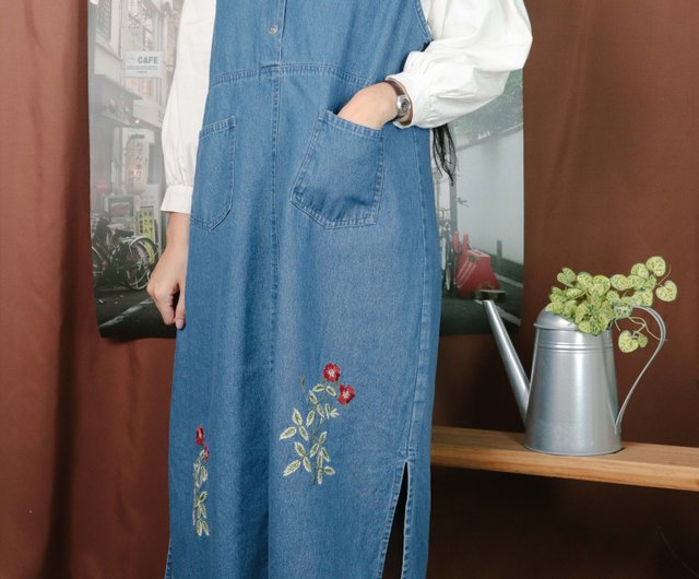 Tsubasa Y ヴィンテージ刺繡デニムワンピースb09レッドフラワーノースリーブタンクトップワンピースワンピースワンピース ショップ Tsubasa Y 古着屋 ワンピース Pinkoi