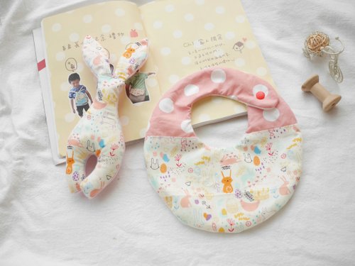 Pon Baby。愛手作。 六重紗口水巾 安撫兔兔(內有響鈴) 彌月禮盒 兔兔花園款