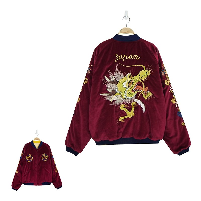 A‧PRANK: DOLLY :: Japanese brand TOYO Toyo burgundy velvet / Quilted satin embroidered coat-sided wear Yokosuka (Golden Dragon / Blue Double Eagle Japan Map) new - Men's Coats & Jackets - Cotton & Hemp 