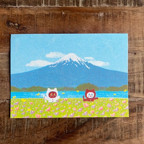 咚東插畫合作社 ''乒乒乓乓''富士山之旅/黑白貓/孔版印刷明信片