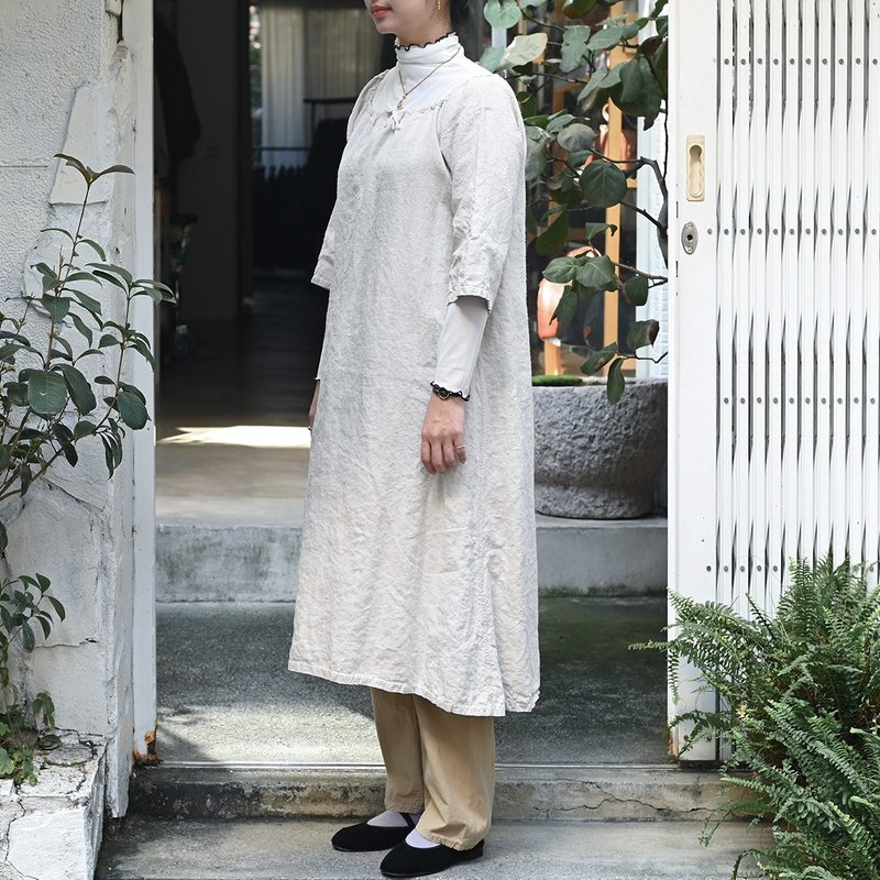 1900-30s 法國古董亞麻洋裝 / 古董洋裝、法國洋裝、亞麻洋裝 - 洋裝/連身裙 - 棉．麻 白色