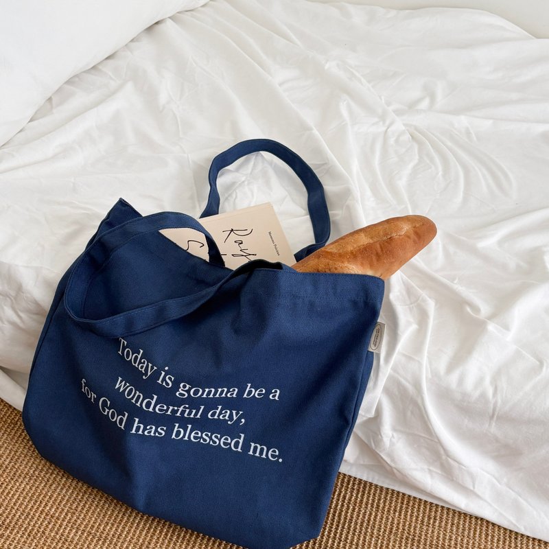 Canvas Tote Bag Today is gonna be a wonderful day, for God has - กระเป๋าถือ - ผ้าฝ้าย/ผ้าลินิน สีน้ำเงิน