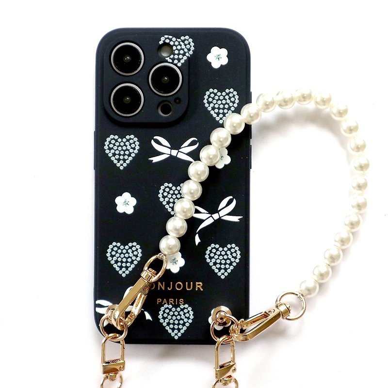 iPhone15/14/13/12 romantic love bow pearl small fragrant chain strap mobile phone case - เคส/ซองมือถือ - พลาสติก สีดำ