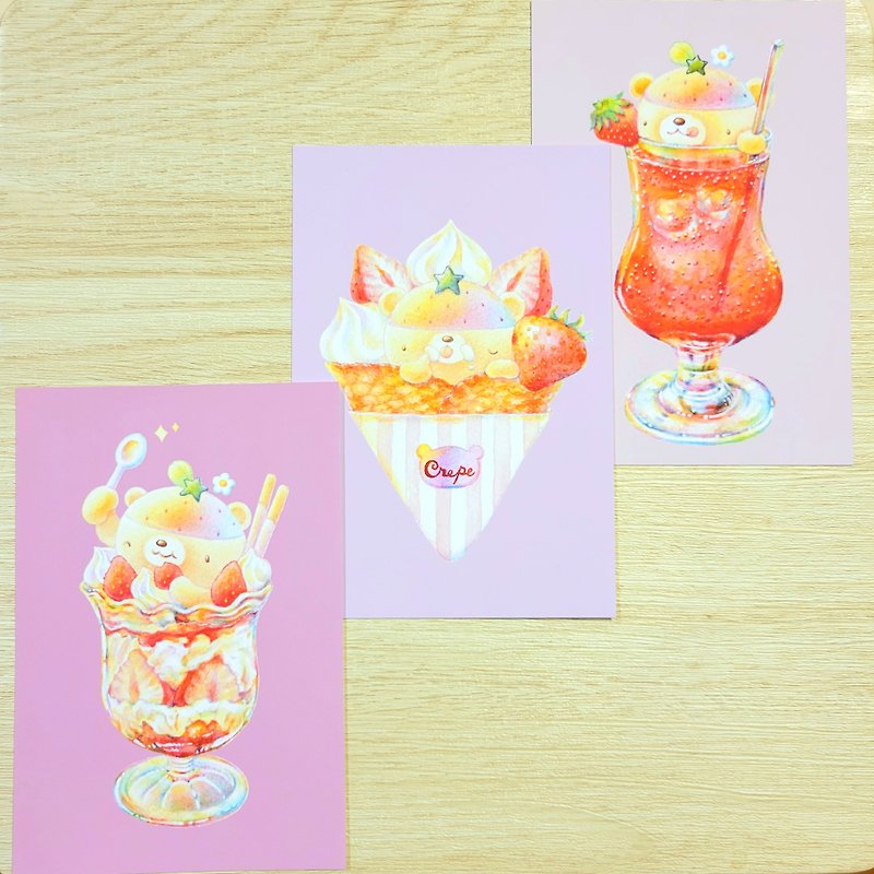 Strawberry Bear Sweets Postcards Set of 2 - การ์ด/โปสการ์ด - กระดาษ สึชมพู
