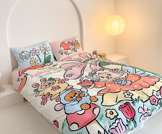 花の妖精 綿100% かわいい女の子 ピンク 寮用寝具 ベッド4点セット