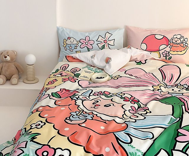 花の妖精 綿100% かわいい女の子 ピンク 寮用寝具 ベッド4点セット