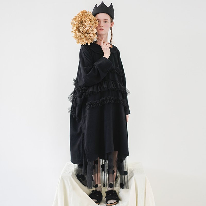 Black lace wool dress - imakokoni - One Piece Dresses - Wool Black
