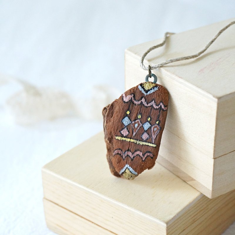 Upcycling Necklace, Natural, Wood piece, Free hand drawing, Zen drawing, Eco - Blue, Pink, Yellow - สร้อยติดคอ - ไม้ สีนำ้ตาล
