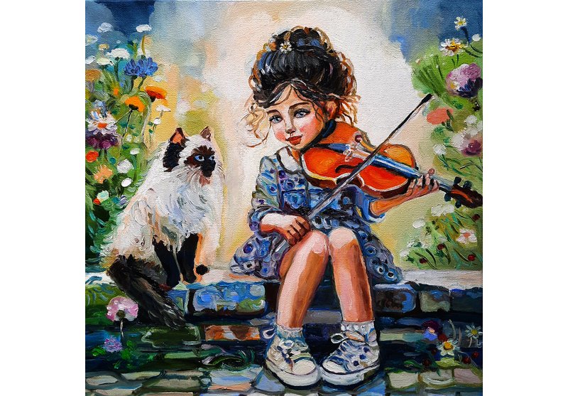 原創畫 Cat  with Girl Painting  Original Art  Oil Painting  Oil On Canvas 30 by30sm - ตกแต่งผนัง - วัสดุอื่นๆ สีน้ำเงิน