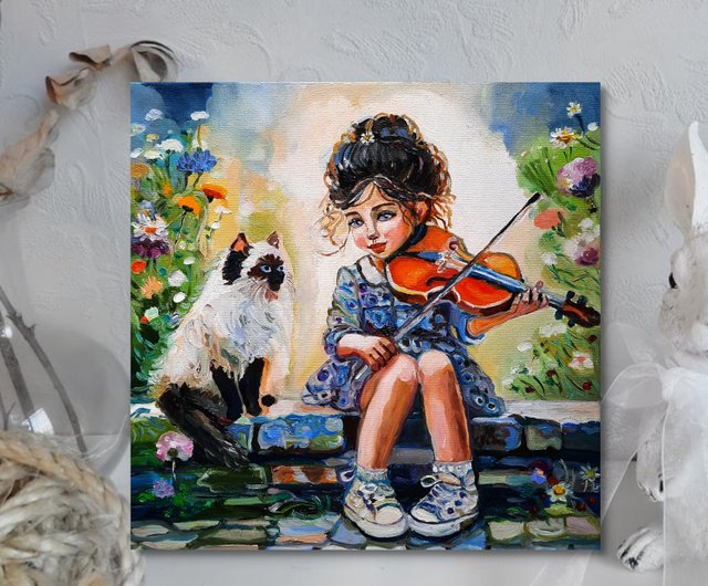 キャンバス油絵 　専用　立ち上がって 外を見ている子猫 原創畫 猫と少年の絵画 オリジナルアート 油絵 キャンバスに油絵