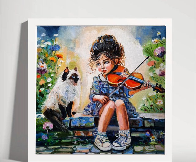 原創畫 猫と少女の絵画 オリジナルアート 油絵 キャンバスに油絵