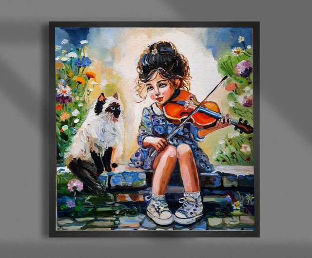 原創畫 猫と少女の絵画 オリジナルアート 油絵 キャンバスに油絵
