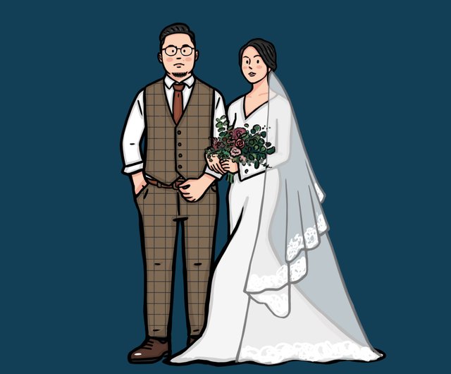 ヤンが描いたウェディングドレスのイラストのような肖像画結婚式のカップルの肖像画注文する前にデザイナーに連絡してください ショップ Tamigo 招待状 Pinkoi