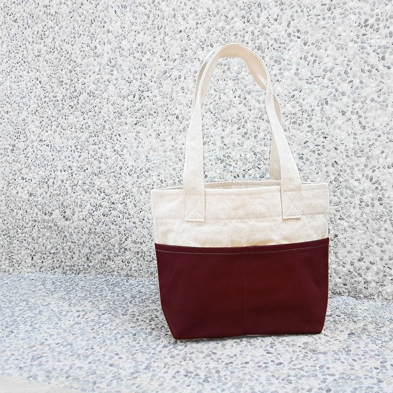 Thick canvas color double-pocket tote (shoulder bag / tote bag) - dark red - Handbags & Totes - Cotton & Hemp Red