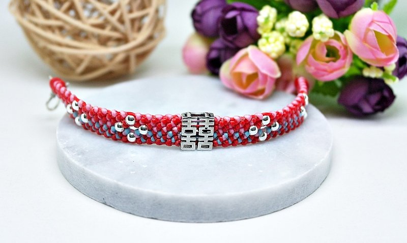 Hand-knitted silk Wax thread X silver jewelry _ 囍 upper eyebrow // You can choose the color of your choice // #朋友结婚 - Bracelets - Wax Red