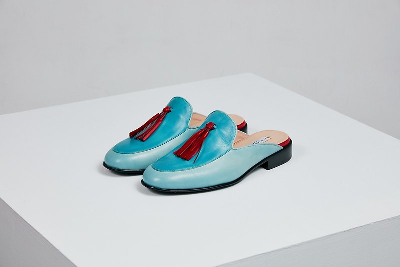HTHREE Fringe Loaf Slippers / Aqua Blue / Flat / Tassel Loafer Slippers - รองเท้าลำลองผู้หญิง - หนังแท้ สีน้ำเงิน