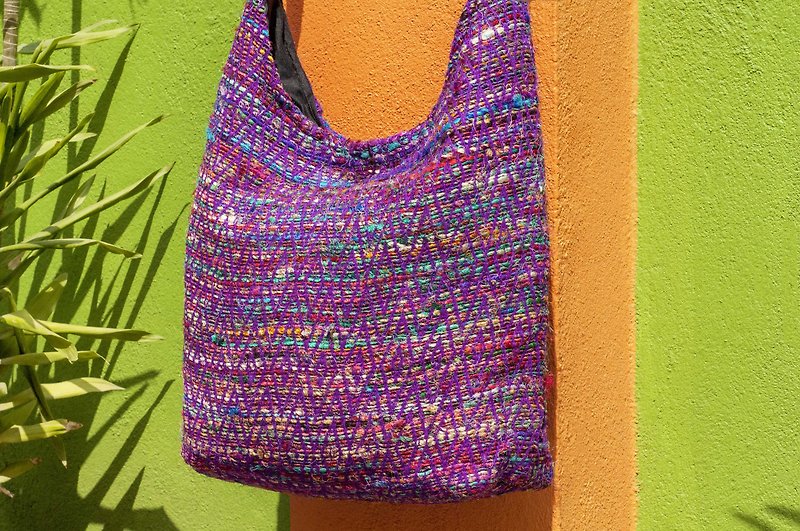 Natural hand-woven cloth stripe backpack side backpack shoulder bag travel bag - Purple Star handkerchief saree line - Messenger Bags & Sling Bags - Silk Multicolor