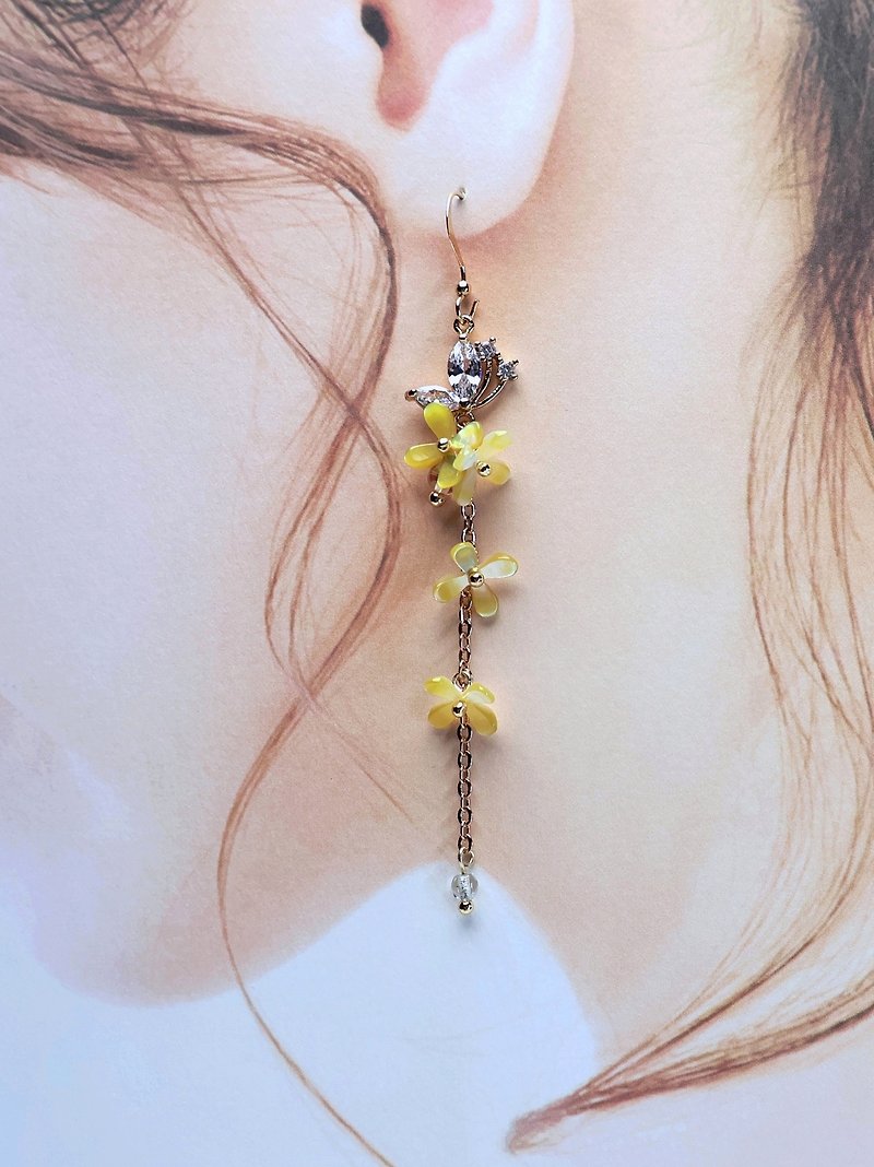 Lemon Handmade Hair Accessories Yellow Butterfly Osmanthus Earrings/American 14K - ต่างหู - เปลือกหอย สีเหลือง