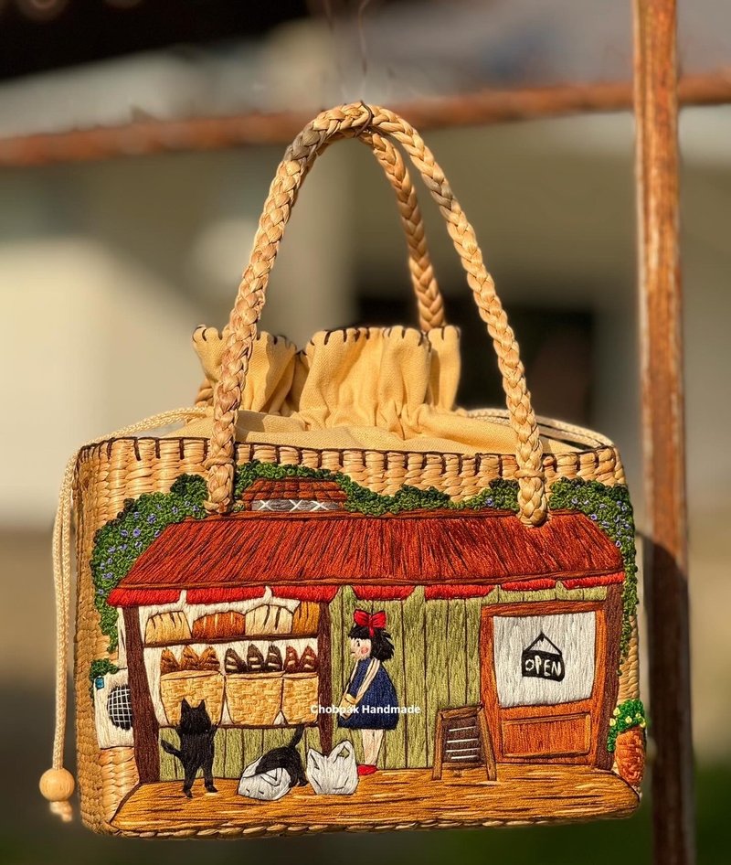 Hand-embroidered water hyacinth woven bag - Handbags & Totes - Other Materials Brown