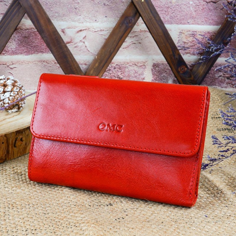 Half flip cover cowhide middle clip(red) - กระเป๋าสตางค์ - หนังแท้ 