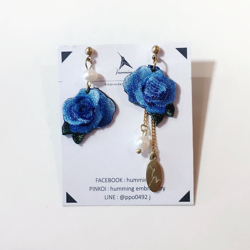 藍色玫瑰 刺繡耳環  手工  耳夾 耳環 花卉 花 珍珠 - 耳環/耳夾 - 繡線 藍色