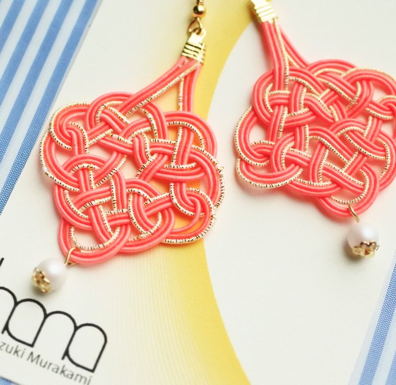 Summer Salmon Orange & Gold Japanese Mizuhiki Earrings - 耳環/耳夾 - 紙 橘色