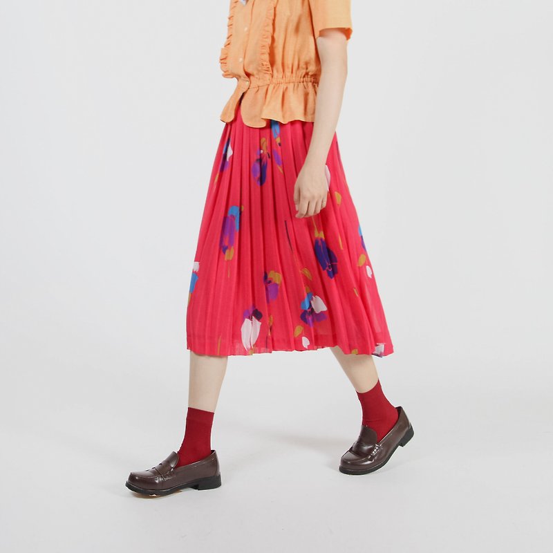 [Egg Plant Vintage] Peach Story Printed Pleated Skirt - Skirts - Polyester 