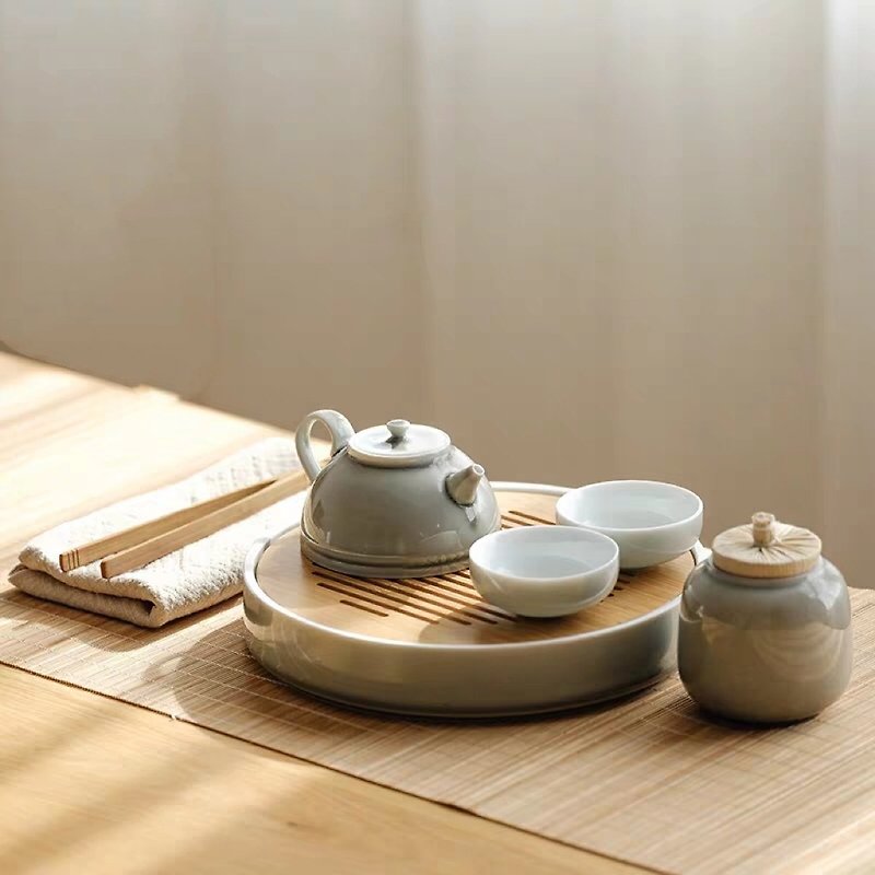 Hearing|Japanese-style ash simple teapot and tea set set household Zen Kung Fu ceramic teacup small tea tray - ถ้วย - ดินเผา 