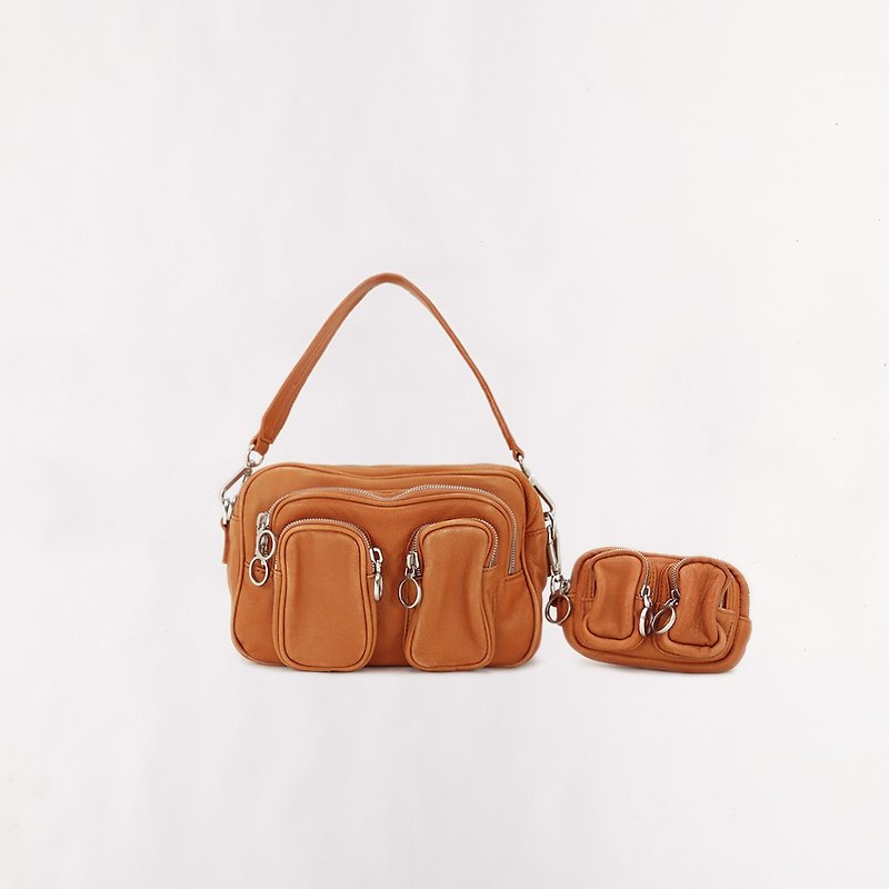 Agnes flexible leather light rock cross-body bag__with long and short straps - กระเป๋าแมสเซนเจอร์ - หนังแท้ สีส้ม