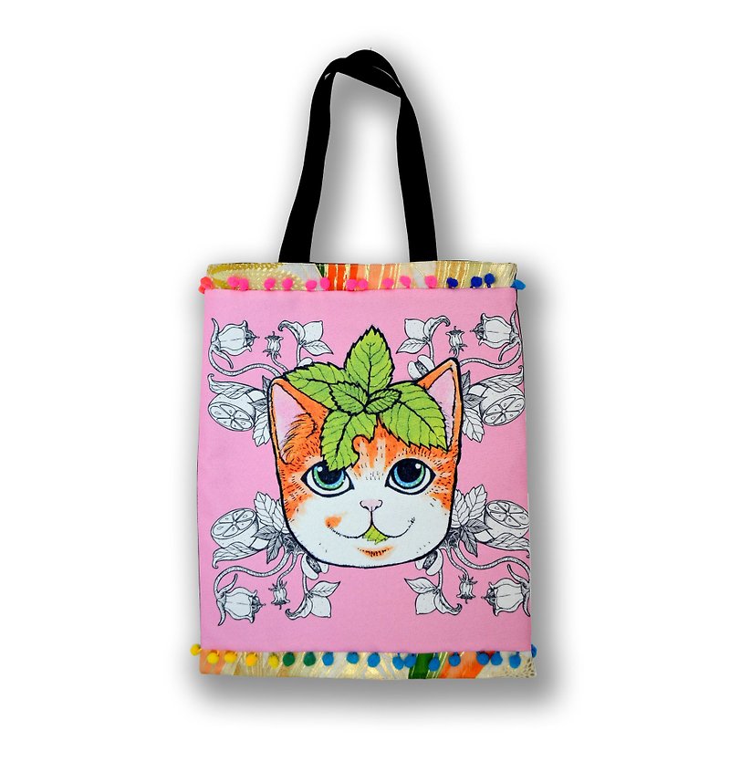 GOOKASOピンクの猫ミント両面ショッピングバッグトートバッグ - トート・ハンドバッグ - コットン・麻 ピンク